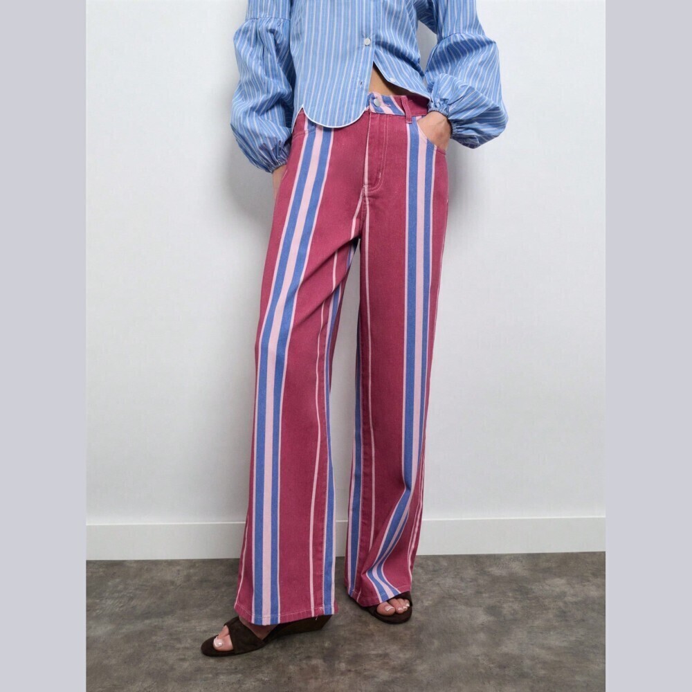 Pink Blue Striped High Waist Wide Leg Denim Jeans